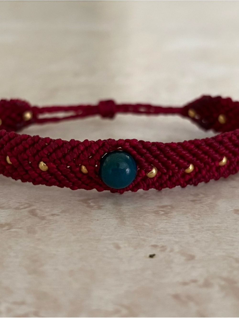 Handmade Red Macramé Bracelet with Teal Bead